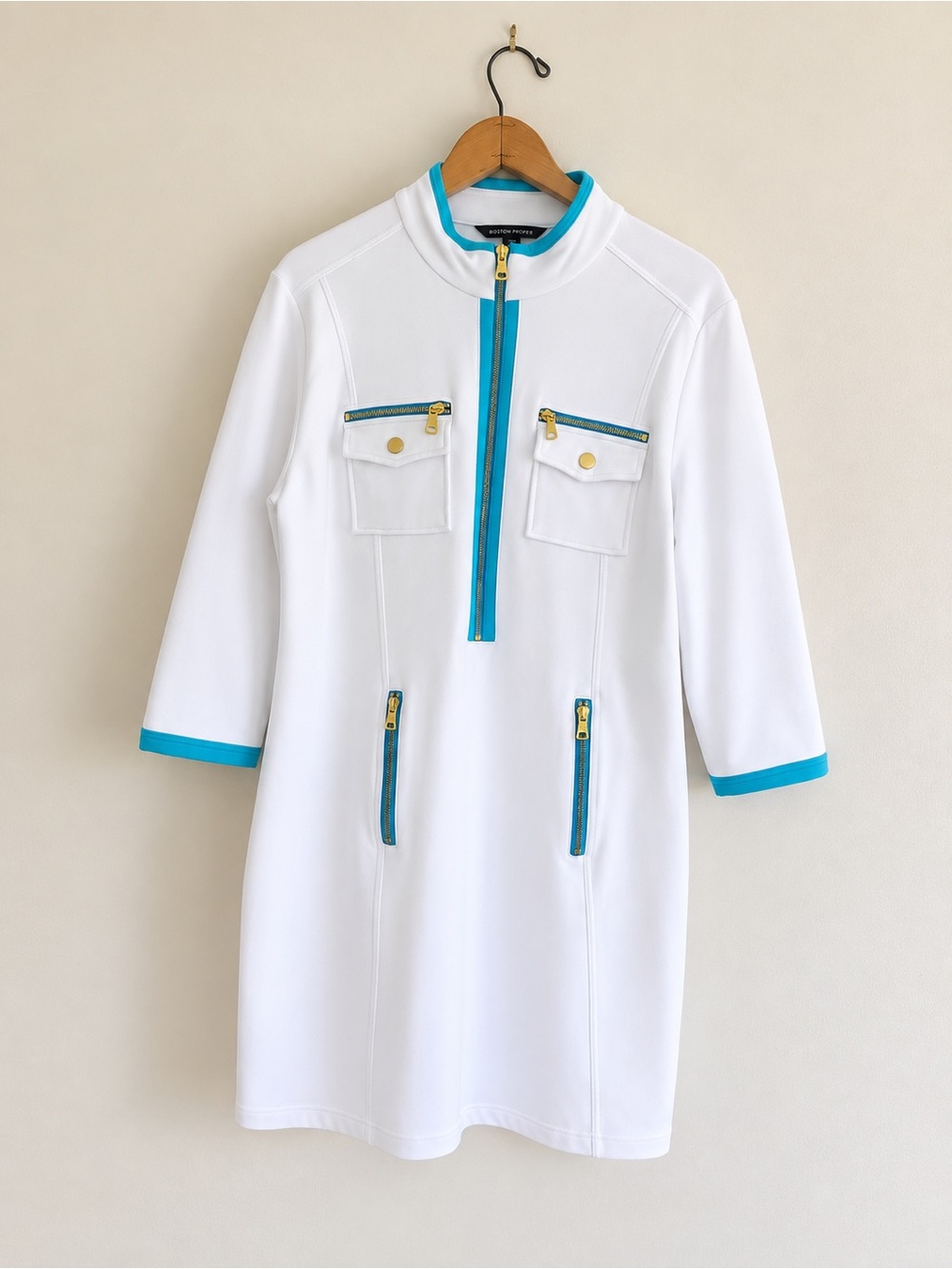 Boston Proper White Dress with Turquoise Trim and Gold Accents - Women